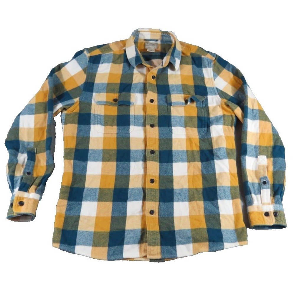 LL Bean Flannel Shirt Men M Gold Blue Plaid Organic Cotton Lightly Fitted Work
